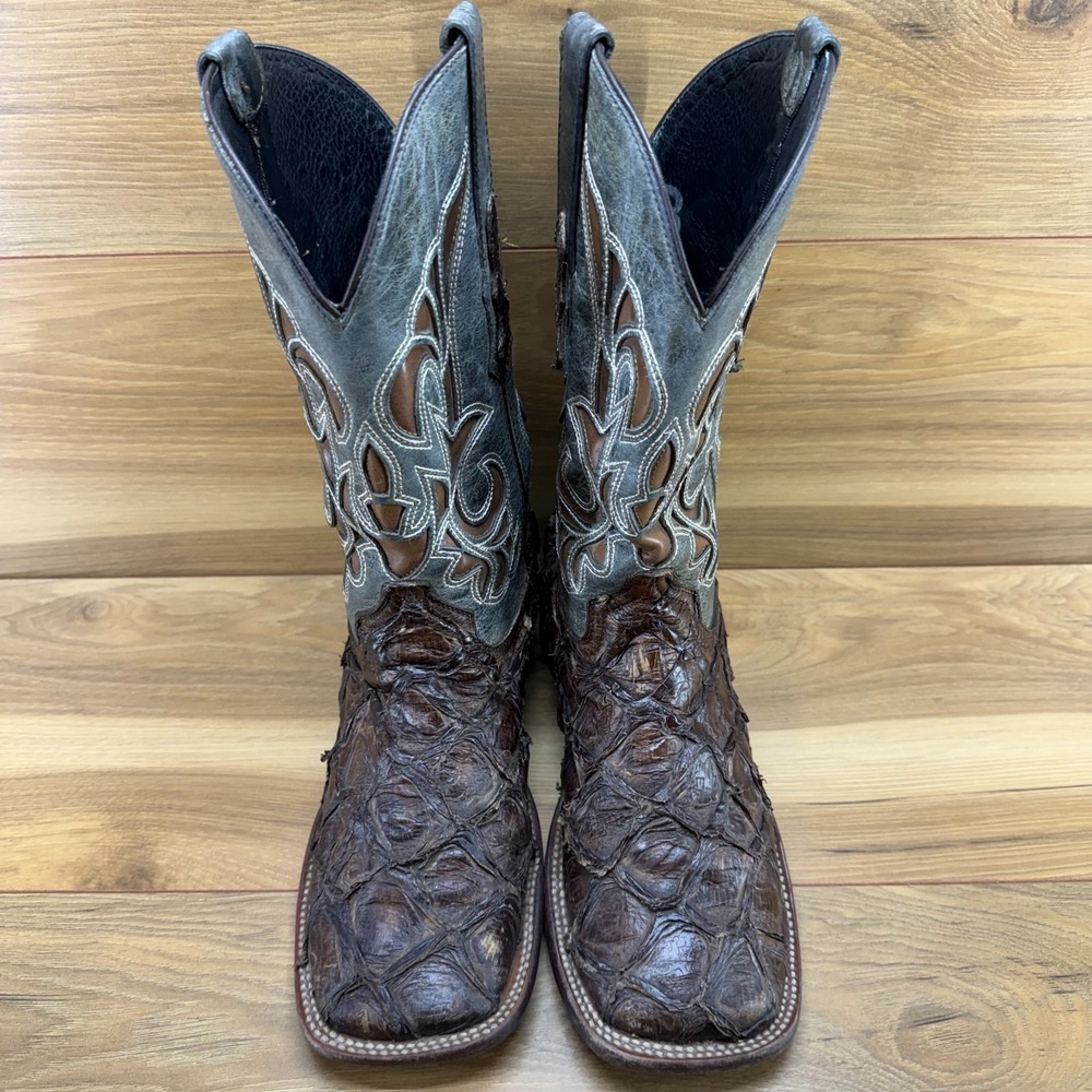 Rock Em Western Boots Arapaima Fish Skin Mens 7 Brown Leather Square Toe Cowboy